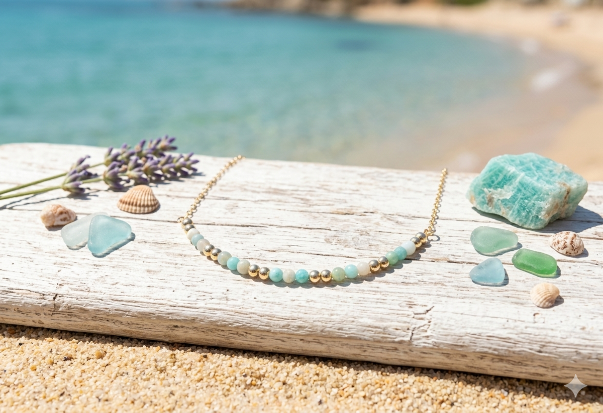 Amazonite Beaded Necklace in 14K Gold Plate