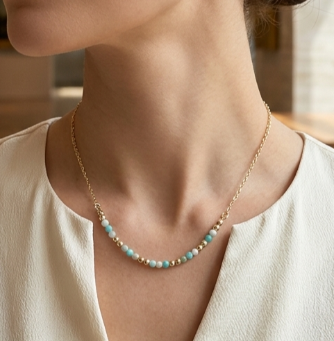 Amazonite Beaded Necklace in 14K Gold Plate