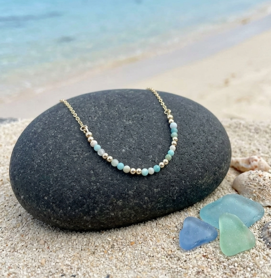 Amazonite Beaded Necklace in 14K Gold Plate