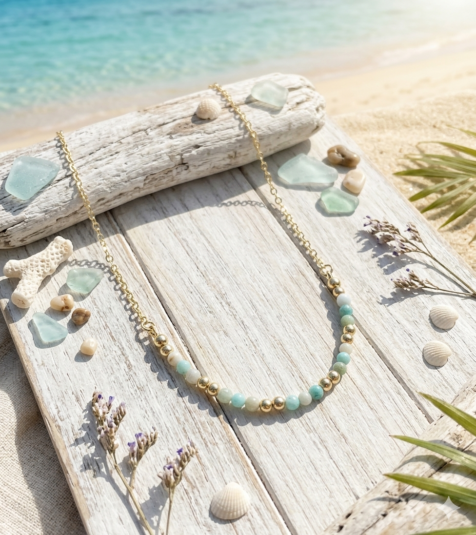 Amazonite Beaded Necklace in 14K Gold Plate