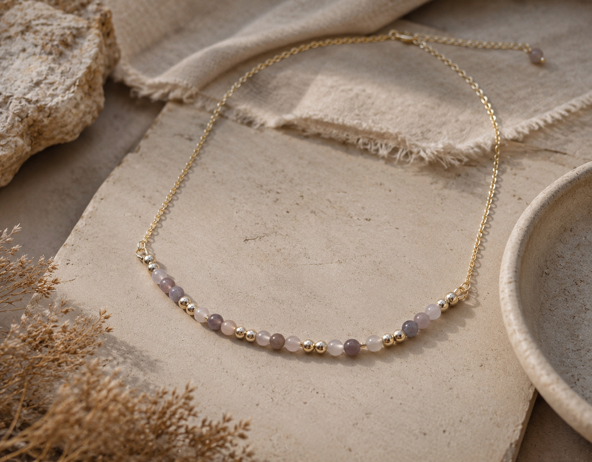 Chinese Moonstone Beaded Necklace in 14K Gold Plate