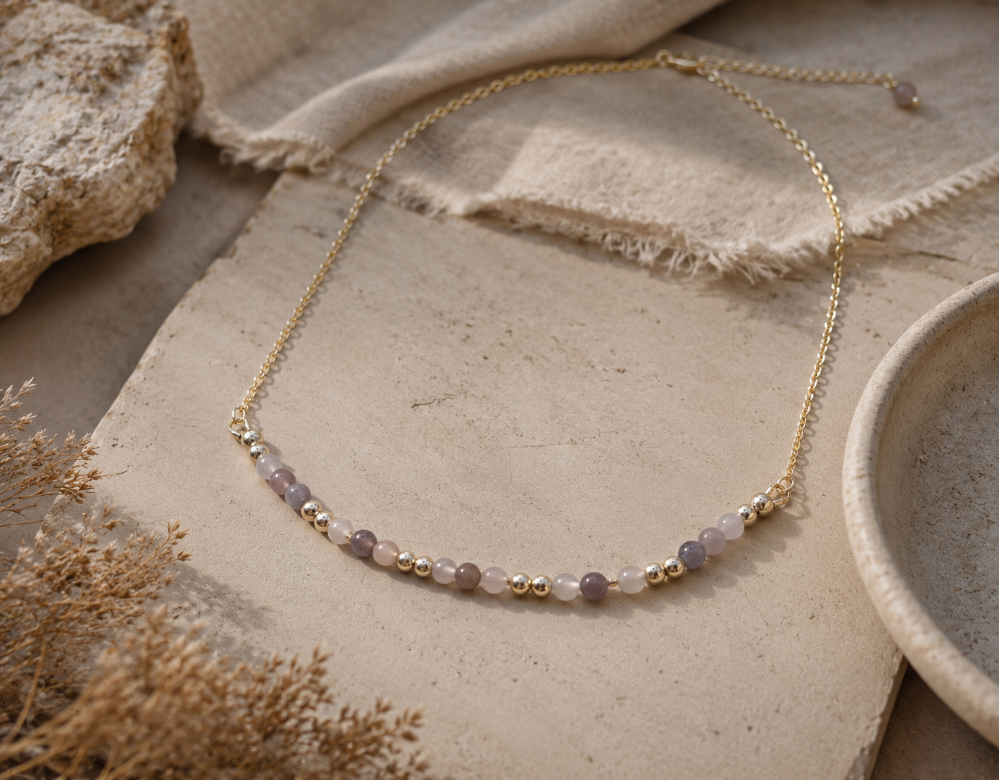 Chinese Moonstone Beaded Necklace in 14K Gold Plate