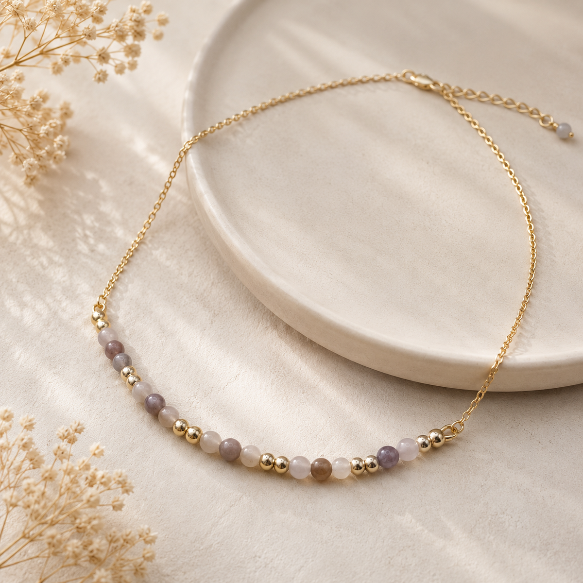 Chinese Moonstone Beaded Necklace in 14K Gold Plate