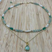 Layered Green Strawberry Quartz, Aquamarine & Pearl Necklace