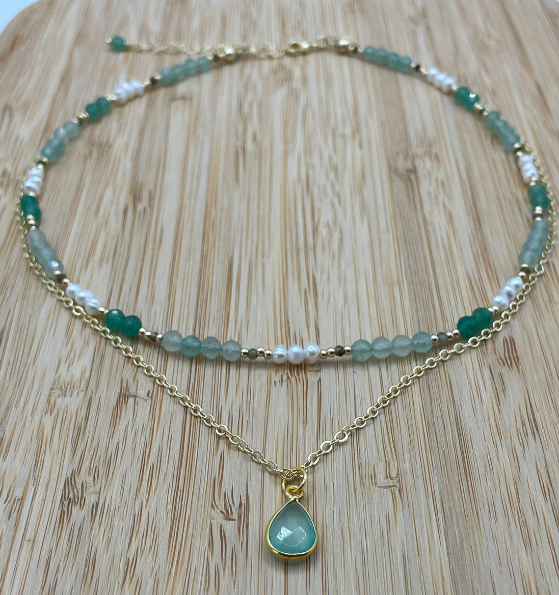 Layered Green Strawberry Quartz, Aquamarine & Pearl Necklace