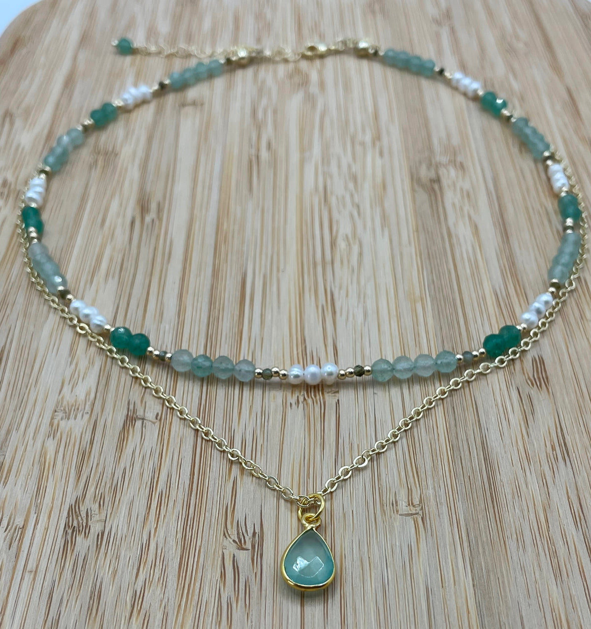 Layered Green Strawberry Quartz, Aquamarine & Pearl Necklace