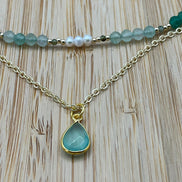 Layered Green Strawberry Quartz, Aquamarine & Pearl Necklace