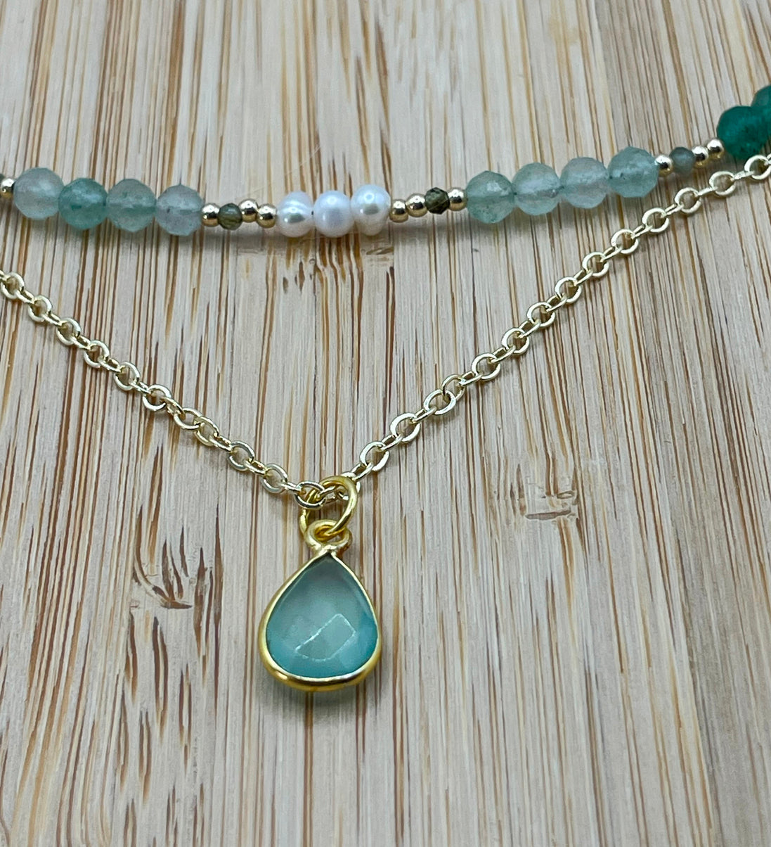 Layered Green Strawberry Quartz, Aquamarine & Pearl Necklace