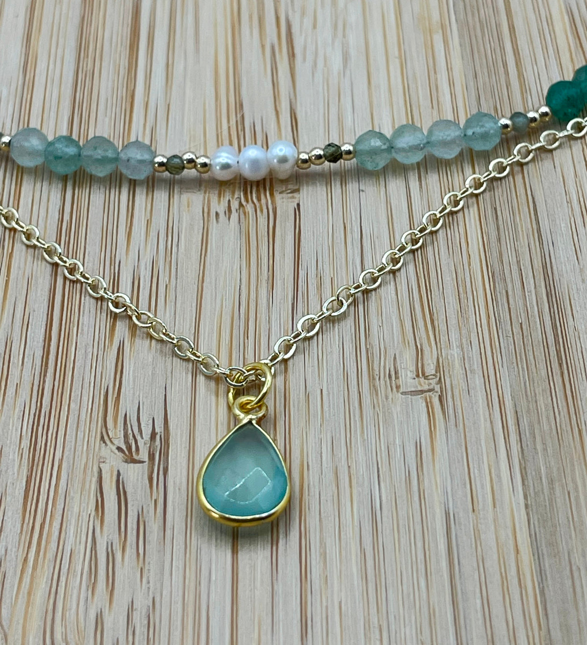 Layered Green Strawberry Quartz, Aquamarine & Pearl Necklace