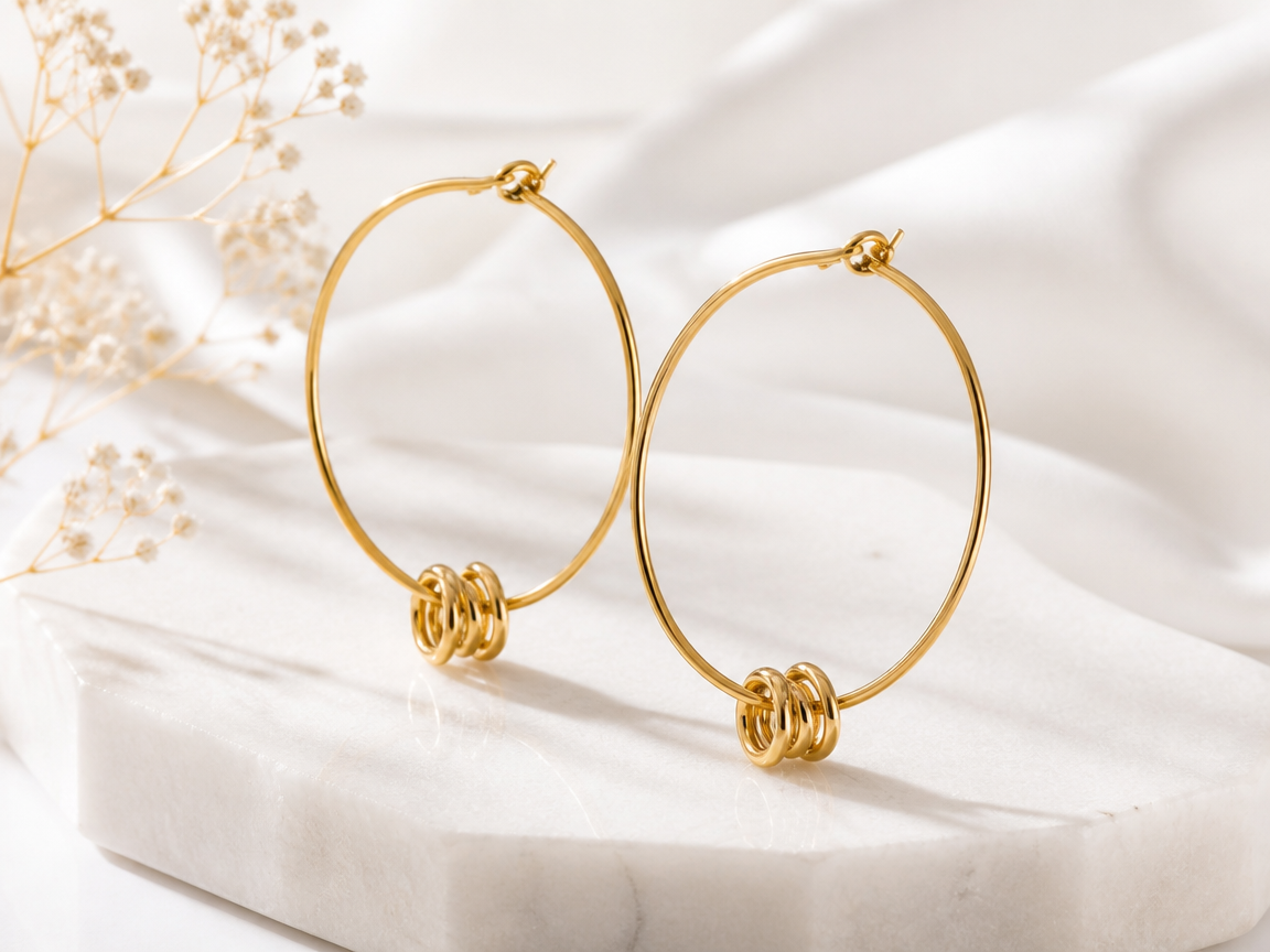 Organic Gold Hoop Earrings with Ribbed Beads