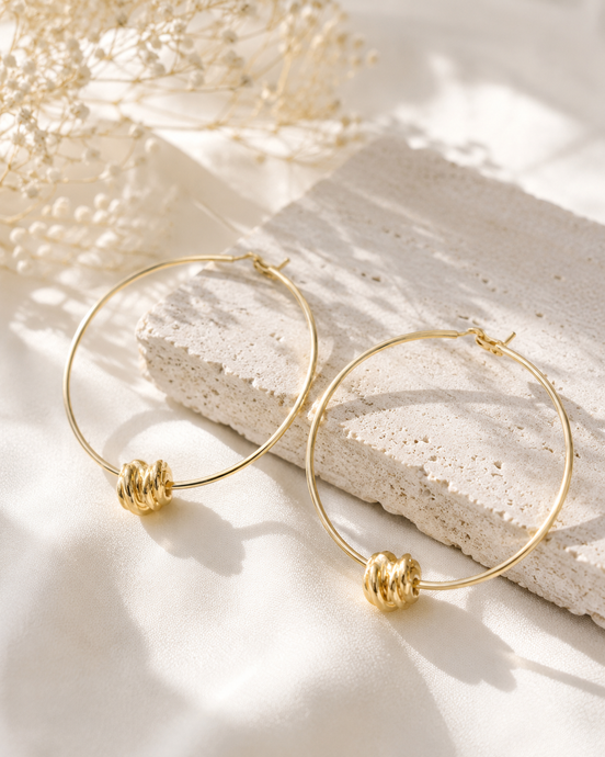 Organic Gold Hoop Earrings with Ribbed Beads