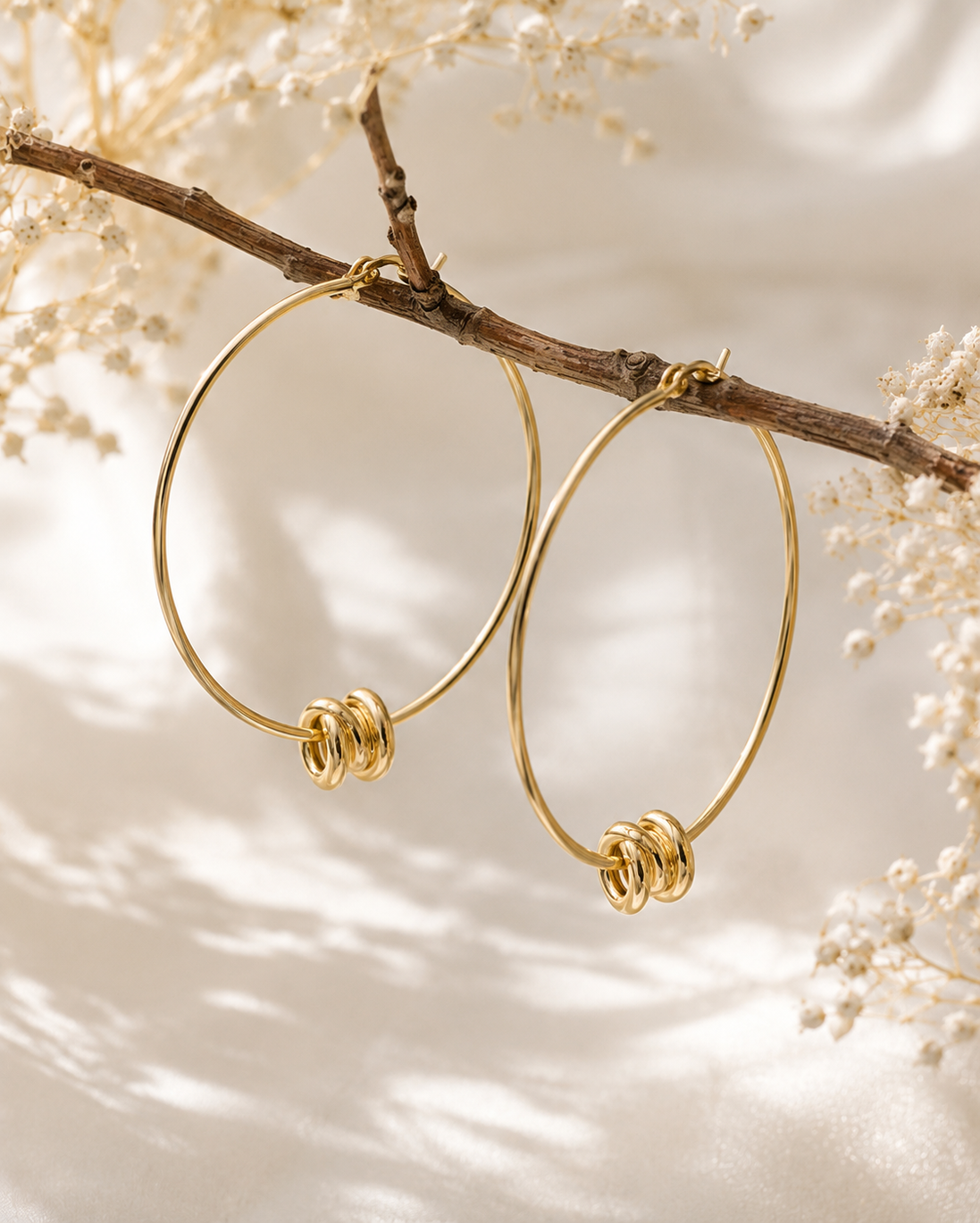 Organic Gold Hoop Earrings with Ribbed Beads