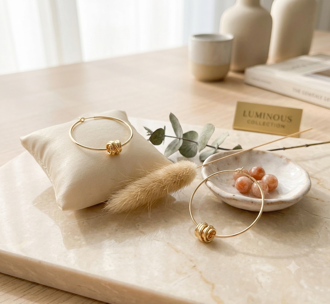 Organic Gold Hoop Earrings with Ribbed Beads