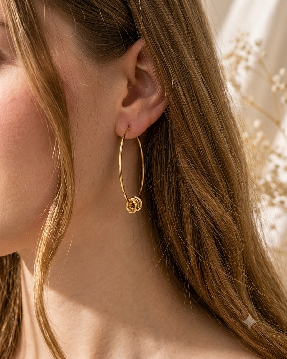 Organic Gold Hoop Earrings with Ribbed Beads