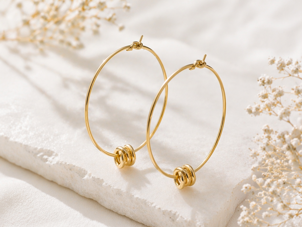 Organic Gold Hoop Earrings with Ribbed Beads