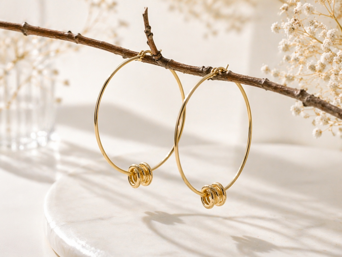 Organic Gold Hoop Earrings with Ribbed Beads