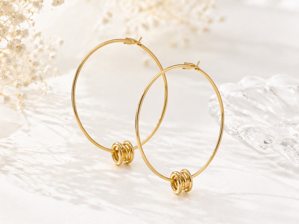 Organic Gold Hoop Earrings with Ribbed Beads
