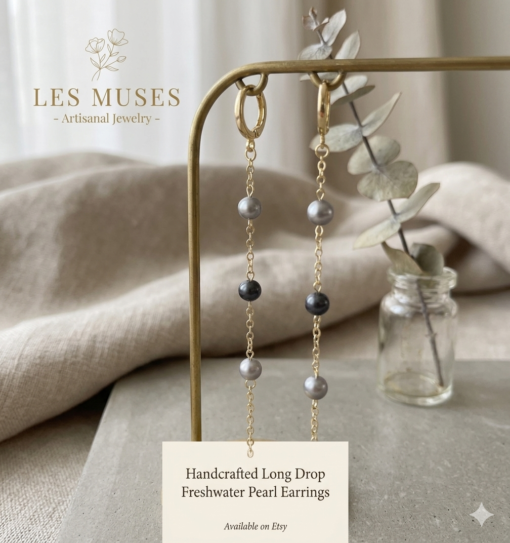 Grey Freshwater Pearl Long Chain Earrings