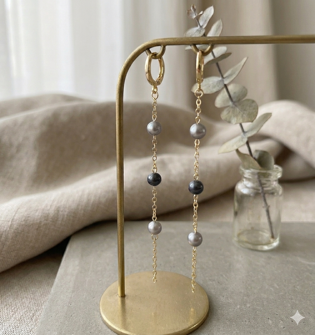 Grey Freshwater Pearl Long Chain Earrings
