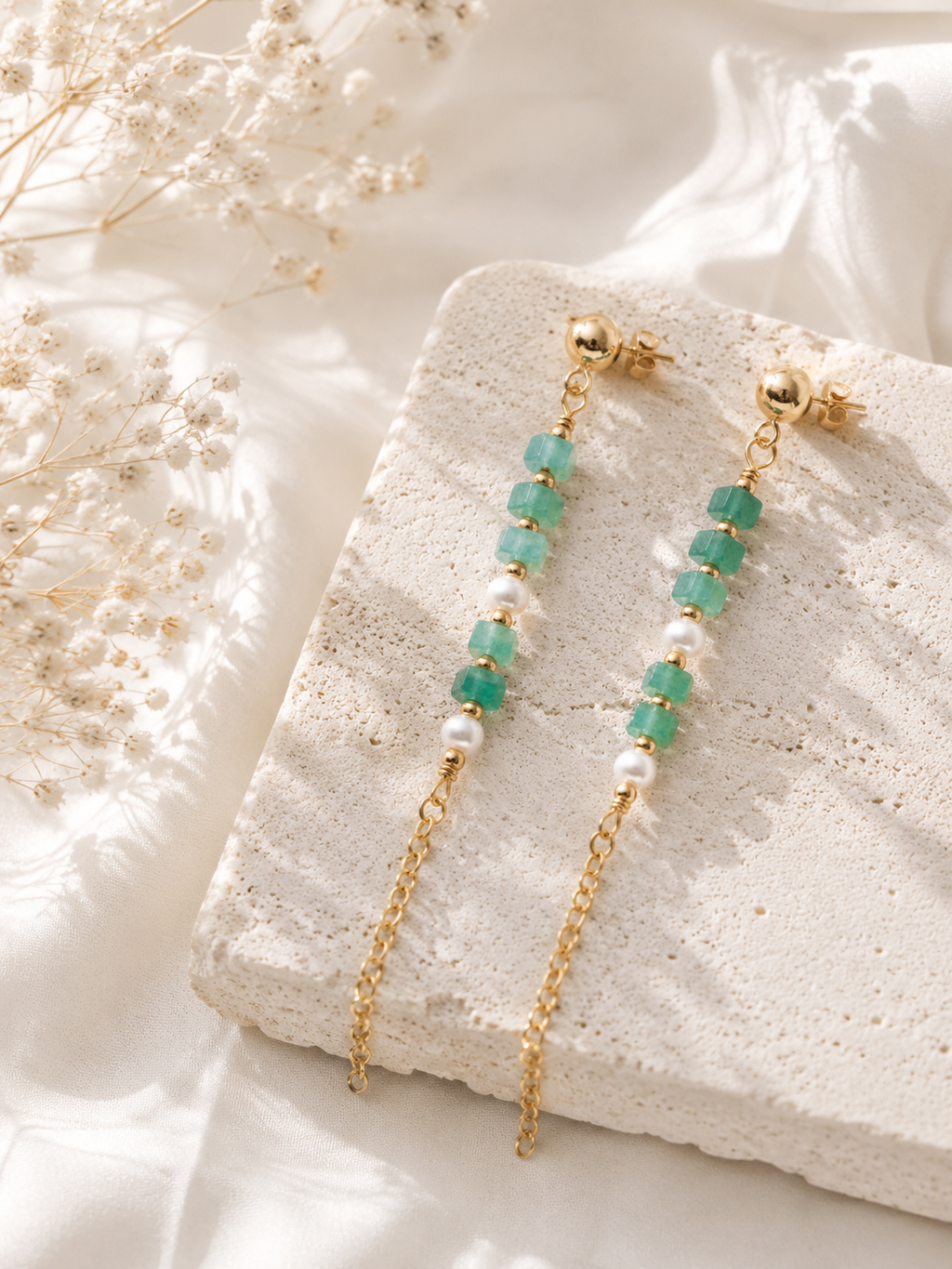 Aventurine & Freshwater Pearl Chain Drop Earrings