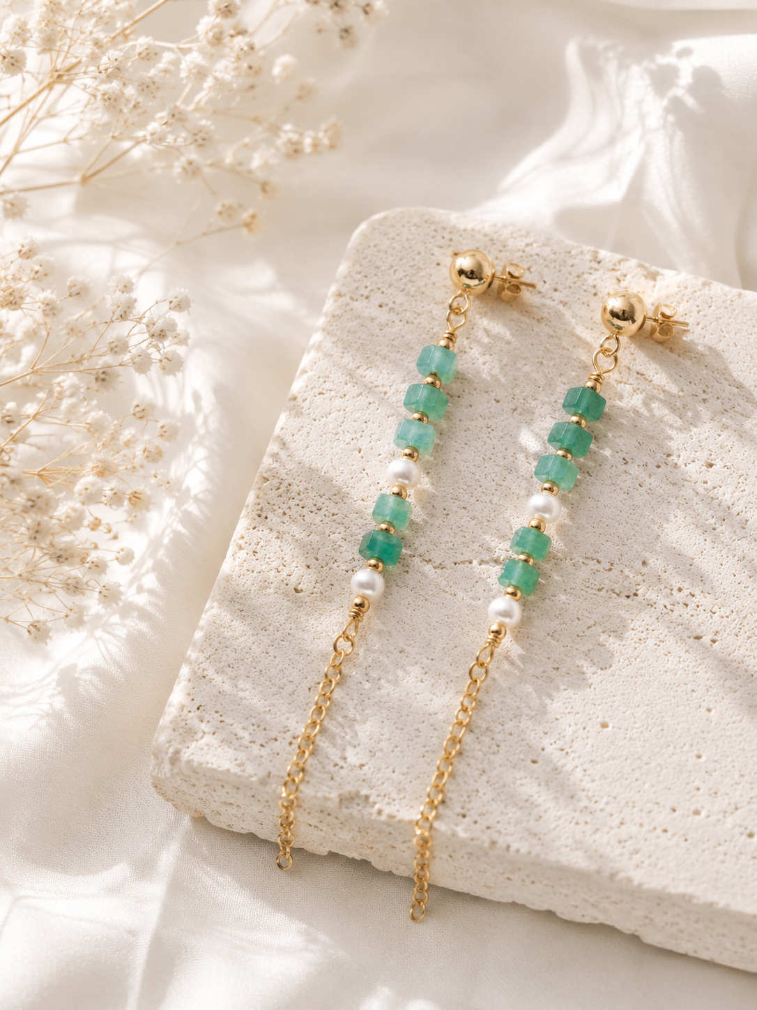 Aventurine & Freshwater Pearl Chain Drop Earrings