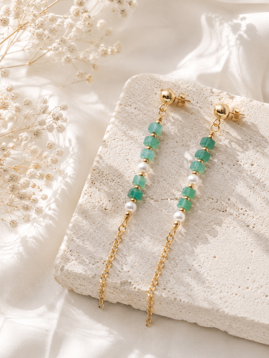 Aventurine & Freshwater Pearl Chain Drop Earrings