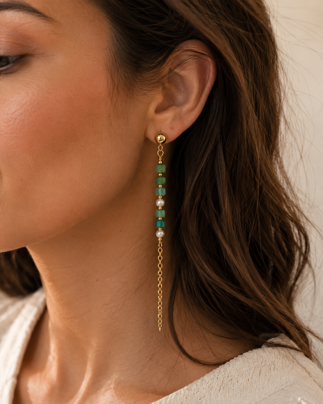 Aventurine & Freshwater Pearl Chain Drop Earrings