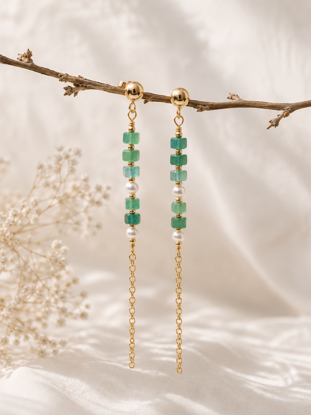 Aventurine & Freshwater Pearl Chain Drop Earrings