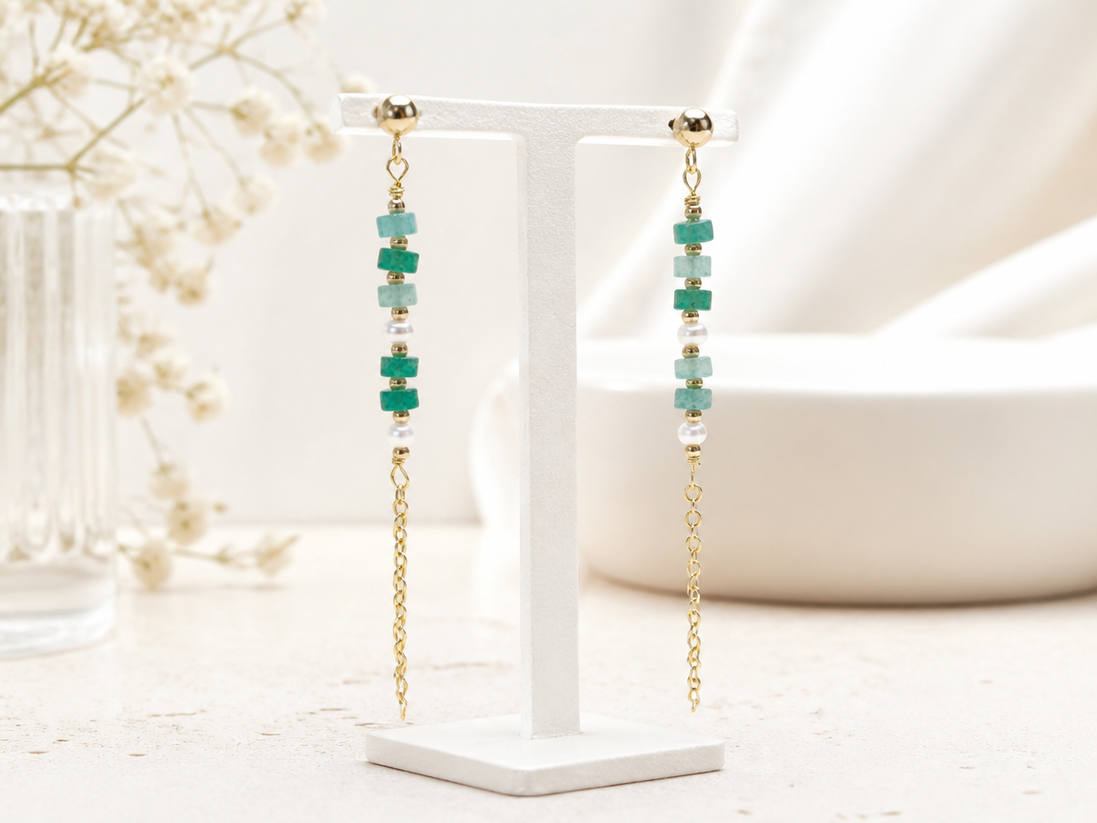 Aventurine & Freshwater Pearl Chain Drop Earrings