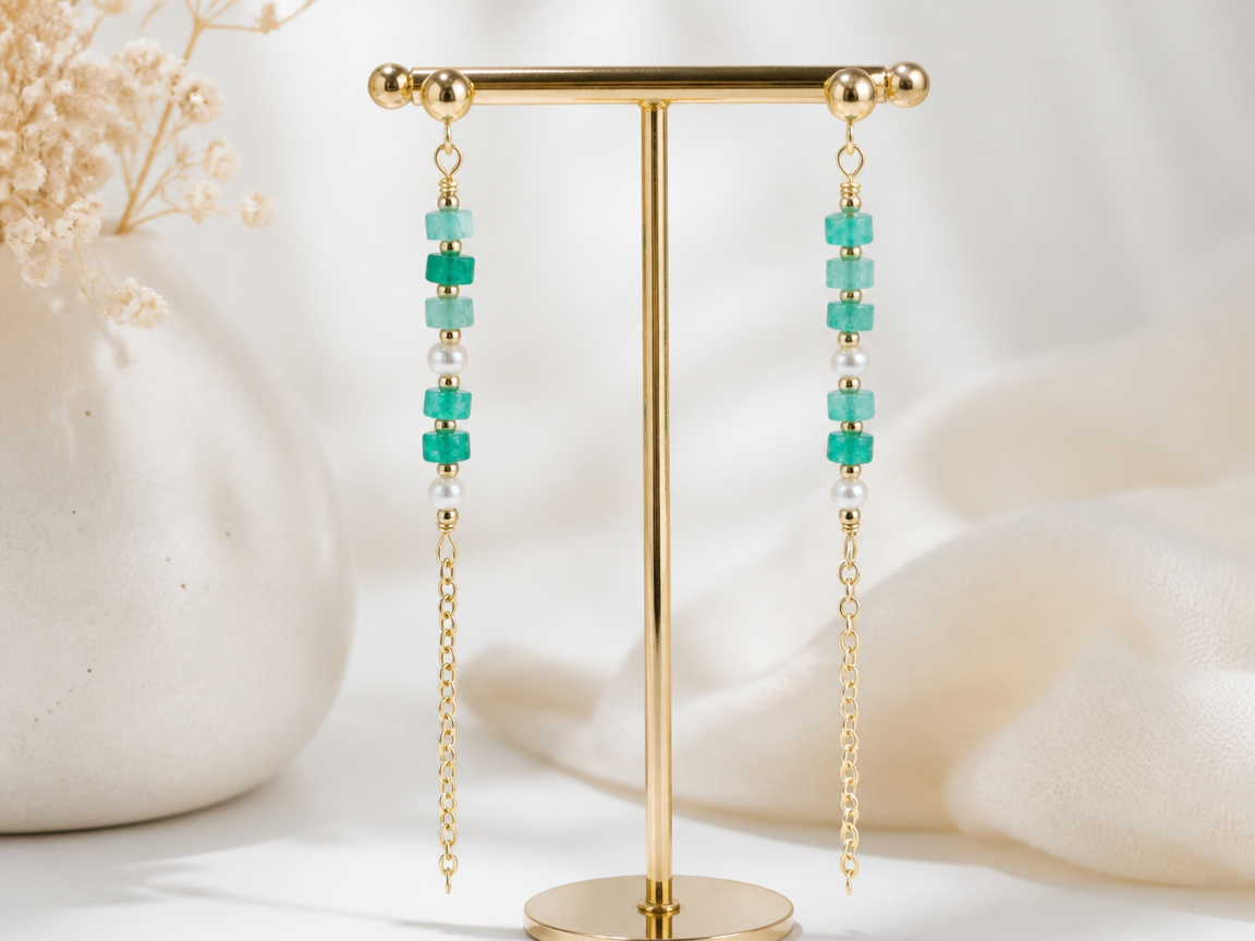 Aventurine & Freshwater Pearl Chain Drop Earrings