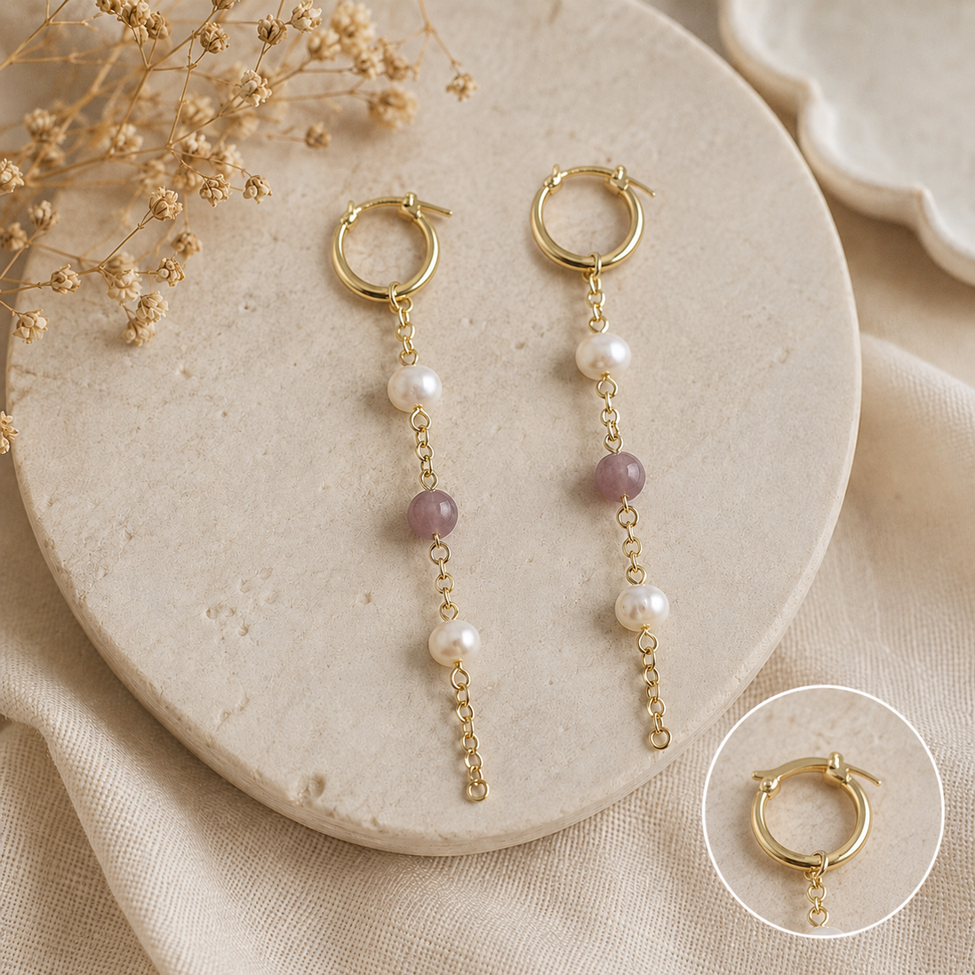 Freshwater Pearl & Moonstone Long Drop Earrings