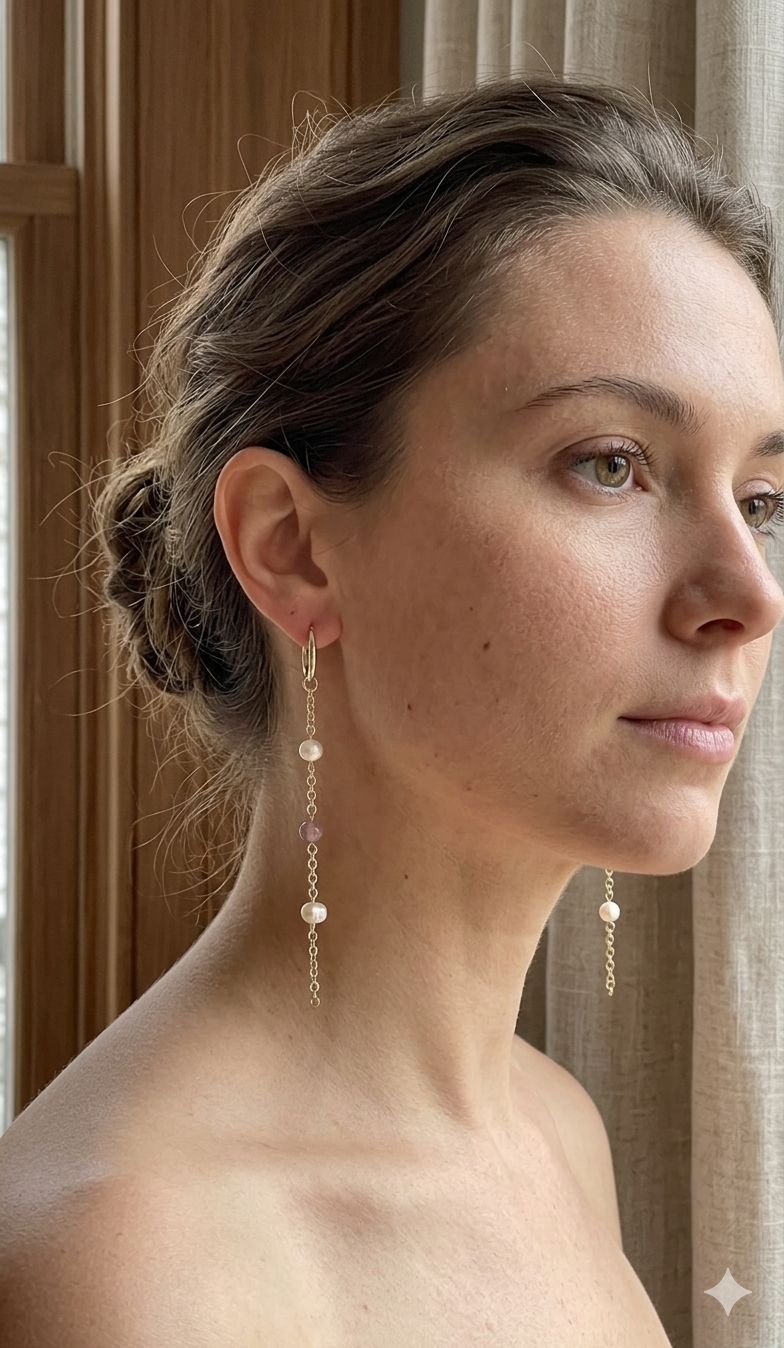Freshwater Pearl & Moonstone Long Drop Earrings