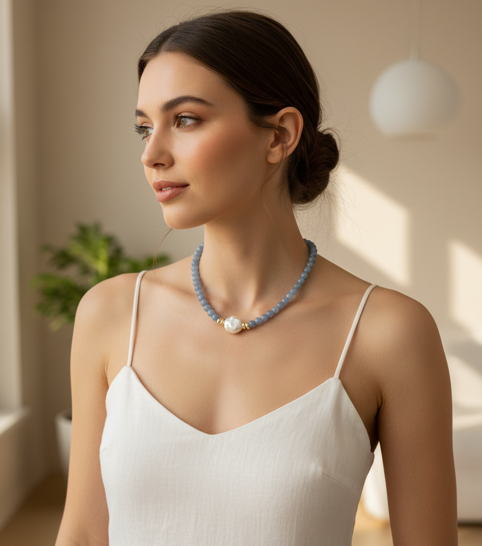 Angelite & Baroque Pearl Necklace