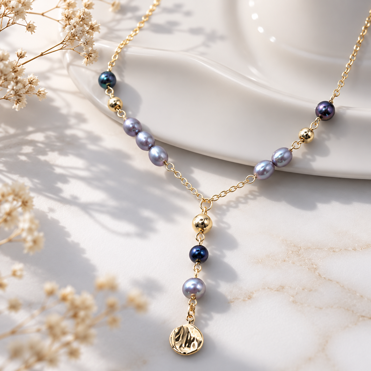 Blue-Grey & Peacock Freshwater Pearl Y-Necklace