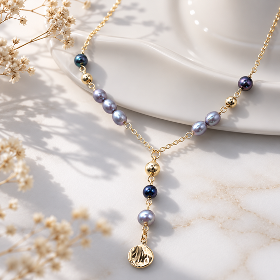 Blue-Grey & Peacock Freshwater Pearl Y-Necklace