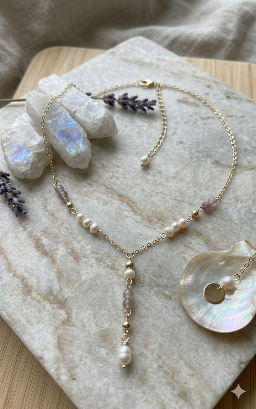 Freshwater Pearl & Moonstone Y-Necklace in 14K Gold Plate