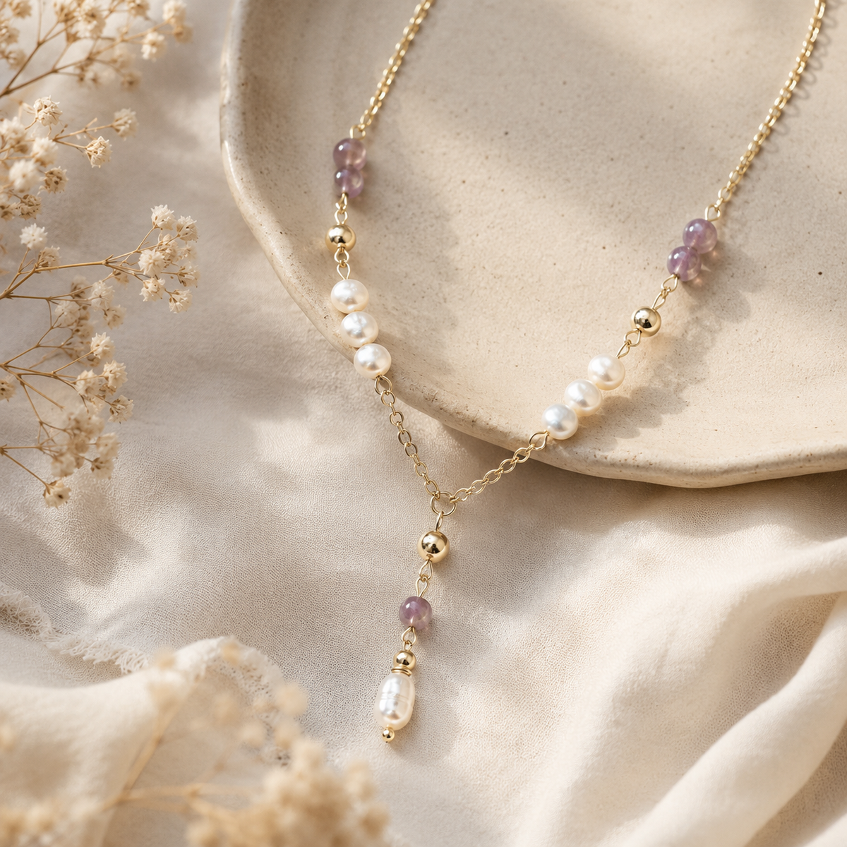 Freshwater Pearl & Moonstone Y-Necklace in 14K Gold Plate