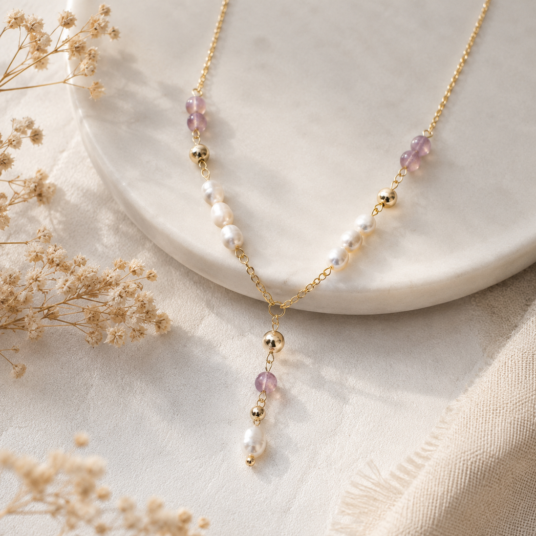 Freshwater Pearl & Moonstone Y-Necklace in 14K Gold Plate