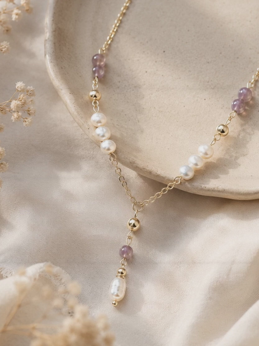 Freshwater Pearl & Moonstone Y-Necklace in 14K Gold Plate