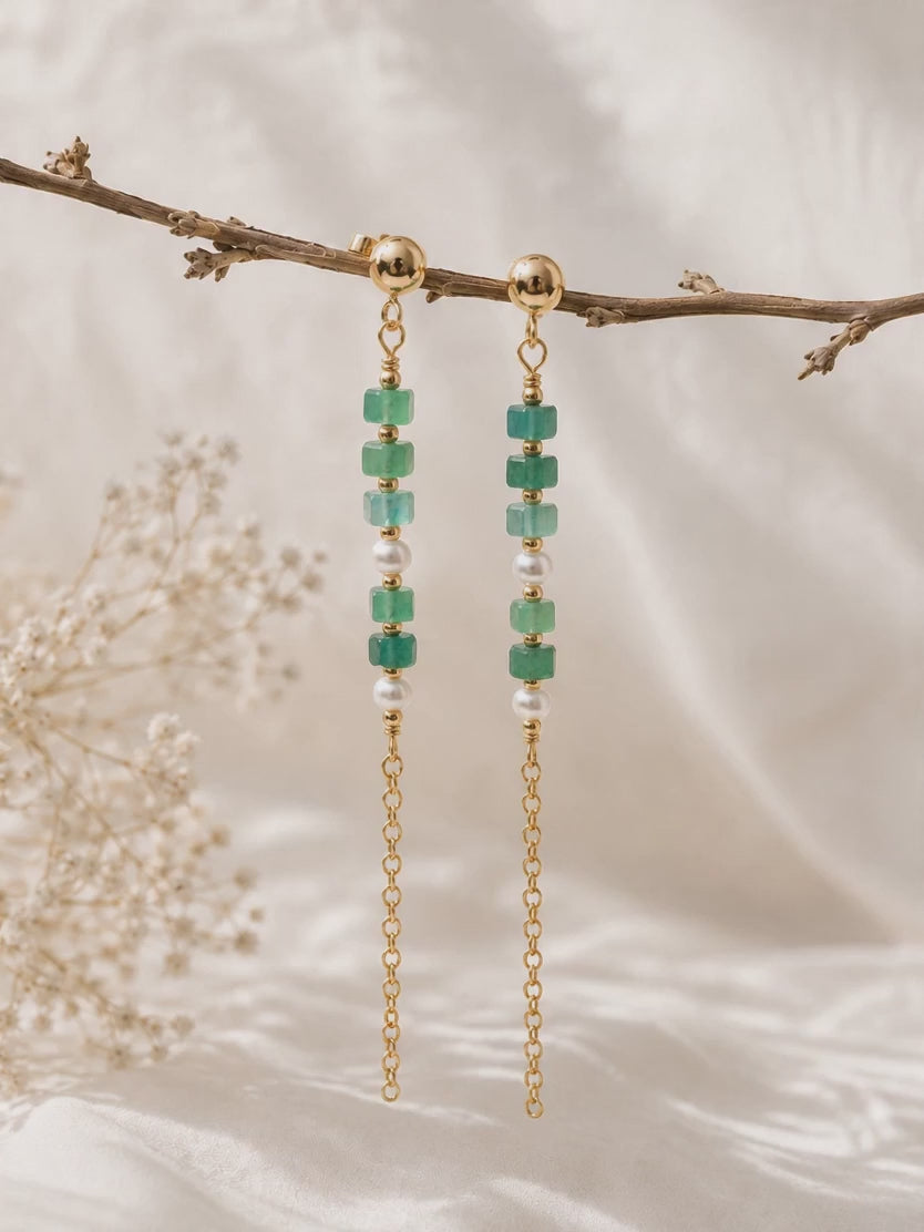 Aventurine & Freshwater Pearl Chain Drop Earrings
