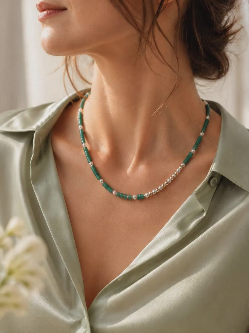 Asymmetrical Aventurine & Freshwater Pearl Necklace