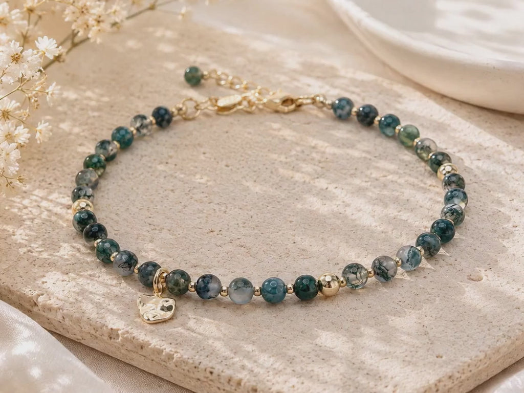 Moss Agate Bracelet with Organic Gold Charm