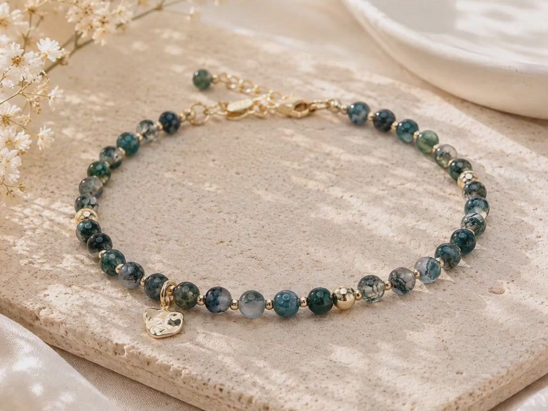 Moss Agate Bracelet with Organic Gold Charm