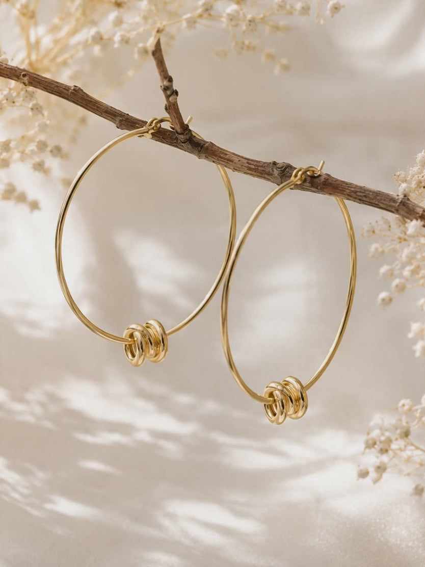 Organic Gold Hoop Earrings with Ribbed Beads